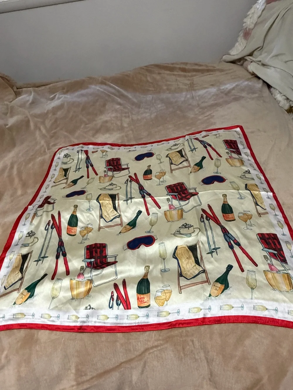 Anthropologie x Nikki Ackerman Silky Holiday-Themed Cream Scarf with Red Border
